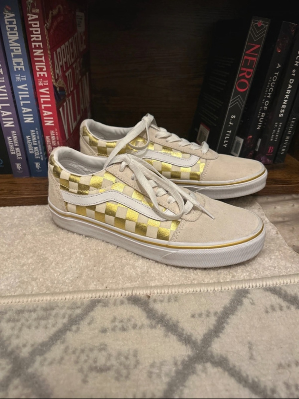 Vans Women's Beige Suede Low-Top Sneakers with Gold Checkerboard